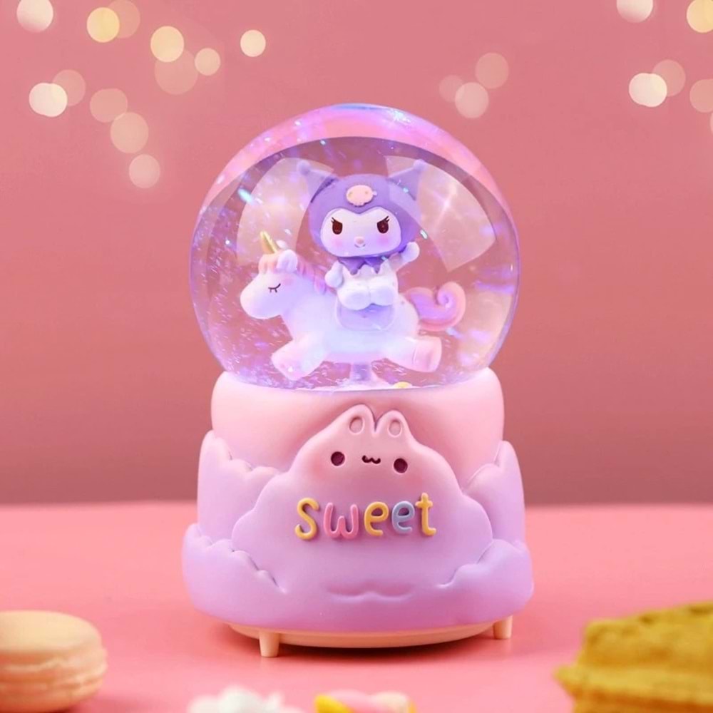 Kuromi İçi Dönmeli Püskürtmeli Işıklı Müzikli Kar Küresi Büyük Boy 16 cm