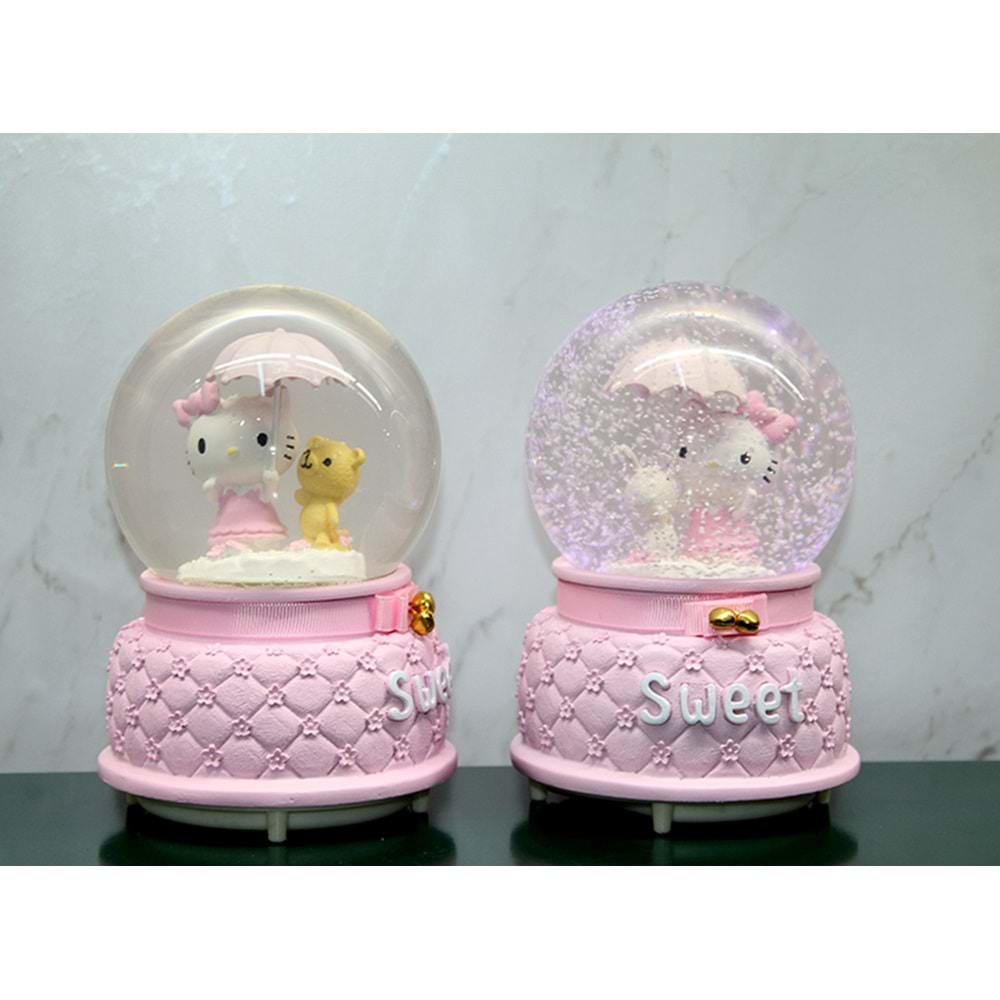 Hello Kitty İçi Dönmeli Püskürtmeli Işıklı Müzikli Kar Küresi Büyük Boy 16 cm
