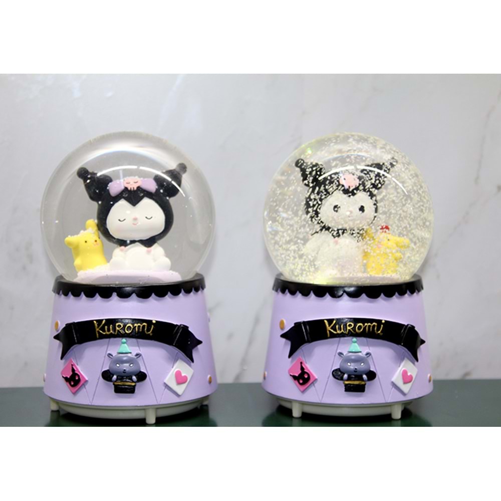 Kuromi İçi Dönmeli Püskürtmeli Işıklı Müzikli Kar Küresi Büyük Boy 16 cm